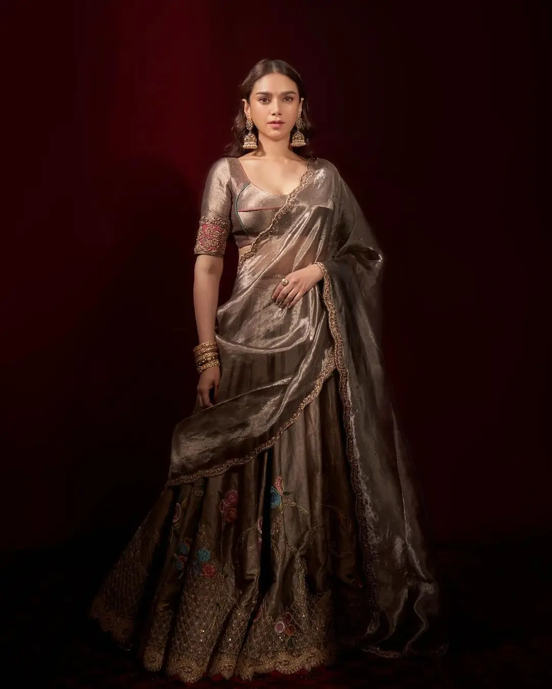 Bollywood Actress Aditi Rao Hydari In Grey Color Saree